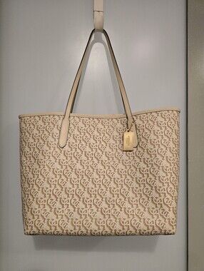 COACH CF342 Beige Monogram Coated Canvas Large City Tote Bag Gold Accent *INK*